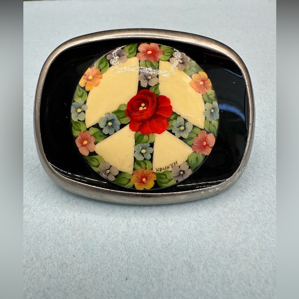 Allison Daniel Designs Belt Buckle – Ukrainian Hand Painted Floral Peace Sign
